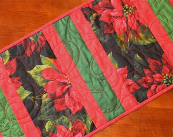 Poinsettia Christmas Table Runner, Black Quilted Christmas Table Runner, Black Green Red, Handmade Christmas Decor, Christmas Centerpiece