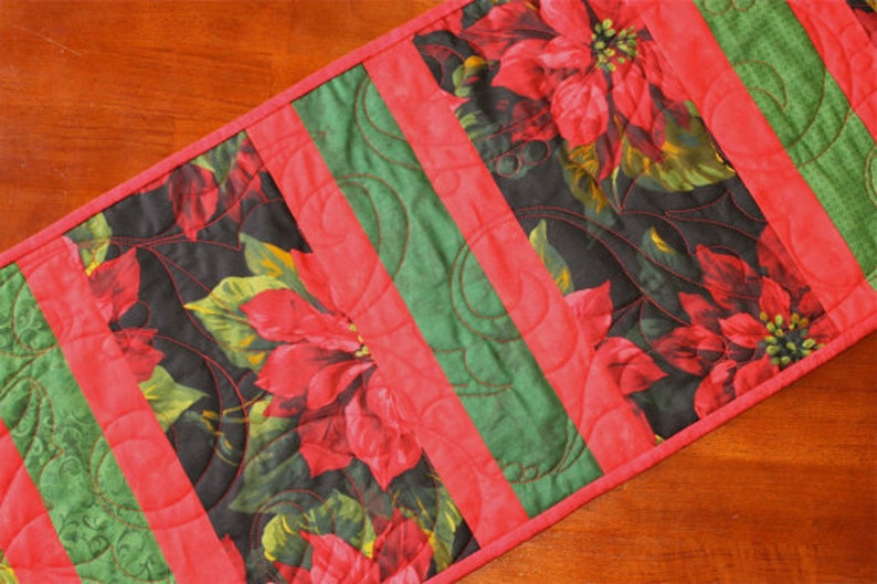 Poinsettia Christmas Table Runner, Black Quilted Christmas Table Runner, Black Green Red, Handmade Christmas Decor, Christmas Centerpiece image 1