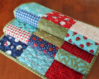 Christmas Table Runner, Quilted Christmas Table Runner, Snowman Table Runner, Handmade, Red Blue White Turquoise, Snowflake, Moda