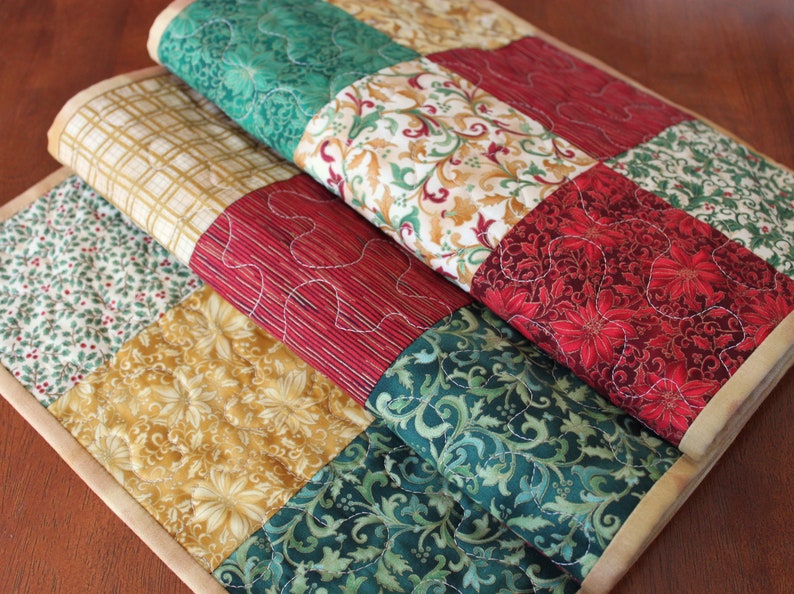 Poinsettia Table Runner Handmade Poinsettia Christmas Quilted Christmas Table Runner Centerpiece Gold Christmas Table Runner Red Green