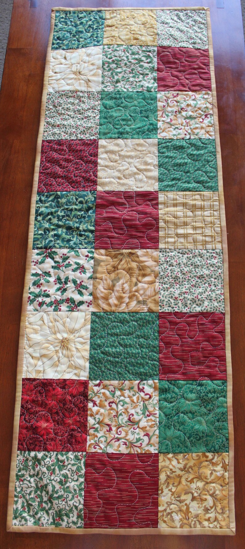 Poinsettia Table Runner Handmade Poinsettia Christmas Quilted Christmas Table Runner Centerpiece Gold Christmas Table Runner Red Green