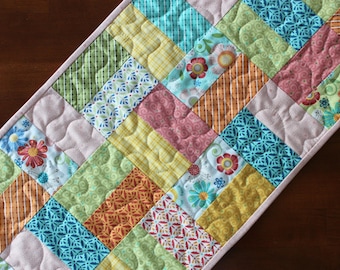Spring Table Runner, Easter Table Runner, Pastel Decor, Quilted Floral, Pink Yellow Blue Green