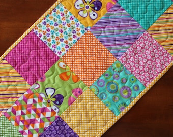 Spring Table Runner, Easter Table Runner, Floral Table Runner, Bright Spring Decor, Quilted Floral Table Runner, Pink Green Yellow