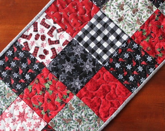 Christmas Table Runner, Quilted Christmas Table Runner, Poinsettia Table Runner, Snowflake Table Runner, Red Black Cream