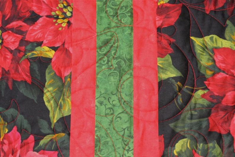 Poinsettia Christmas Table Runner, Black Quilted Christmas Table Runner, Black Green Red, Handmade Christmas Decor, Christmas Centerpiece image 5