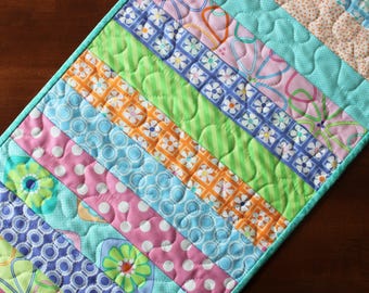 Spring Table Runner, Easter, Pastel, Spring Decor, Quilted Floral Table Runner, Pink Blue Aqua