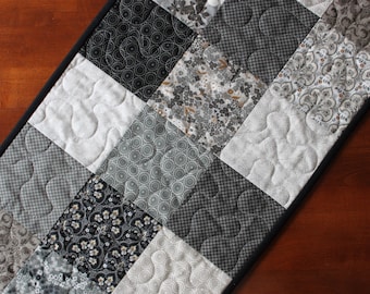 Quilted Black Table Runner: Handmade Black, Gray, and Cream Modern Design