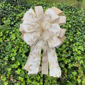 Christmas bow, snowflake bow, gold bow, neutral Christmas bow, sparkle bow, wreath embellishment, Christmas door hanger, winter bow, lantern