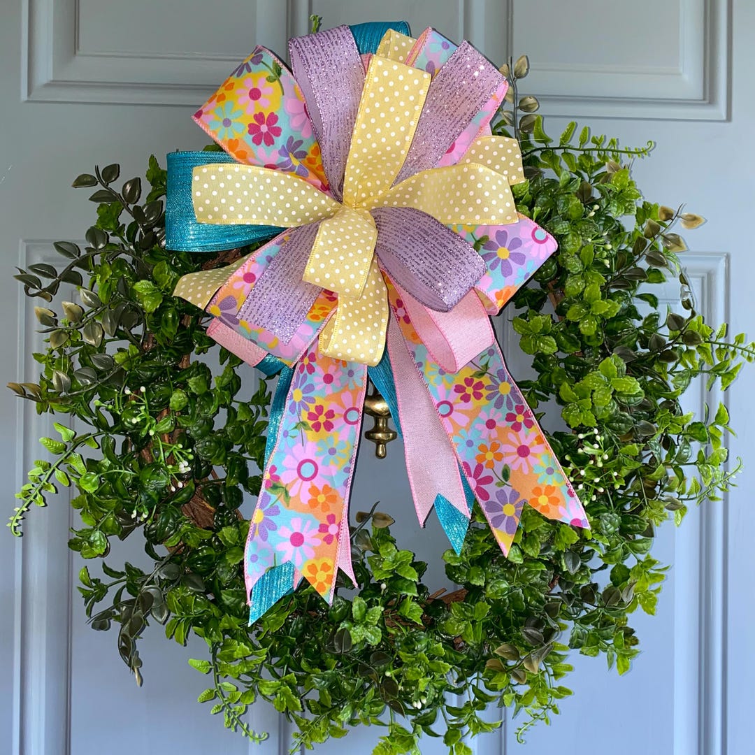 Handmade Spring Wreath Bow | Pastel Floral Wired Ribbon | Easter Porch ...