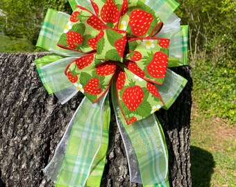 Strawberry bow, green bow, plaid bow, summer bow, fruit bow, summer wreath, strawberry, wreath embellishment, strawberry ribbon, summer