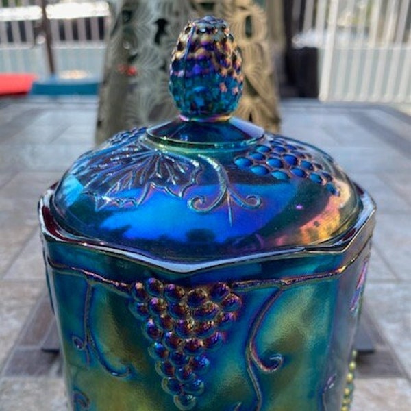 Vintage Imperial Cracker Jar, Canister,  Lidded Jar, Blue Carnival Glass, Iridescent, Harvest Grapes, Collectible Glass , MCM