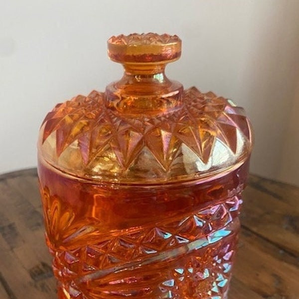 Vintage Imperial Hobstar Marigold Carnival Glass,  Biscuit , Candy, Canister, Lidded Glass Jar, Iridescent, Collectible , MCM