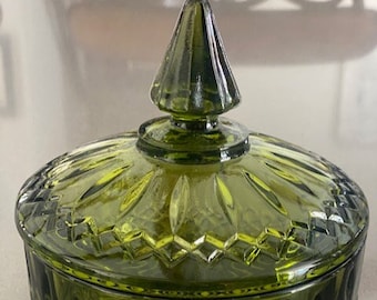 Vintage Glass Lidded Candy Dish Compote , Trinket Dish, Decor,Green Glass, Indiana Glass, Collectible Glass MCM