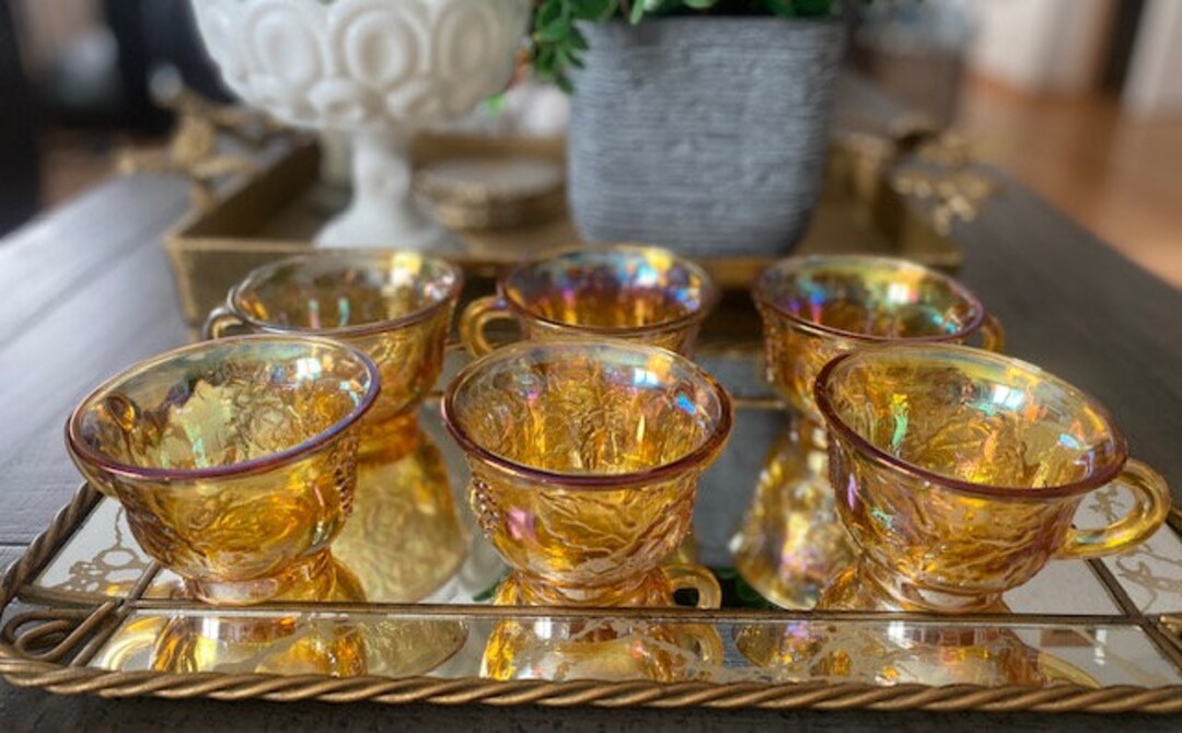 Six Vintage Marigold Carnival Glass Tea Cups, Iridescent, Depression
