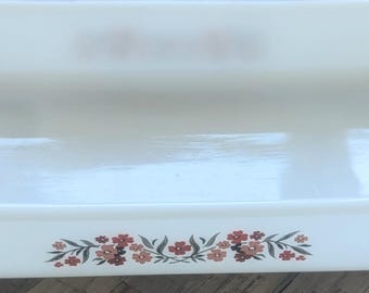 Vintage Fire King Primrose Rectangle Casserole Dish - Milk Glass Made is USA Pink Red Flowers