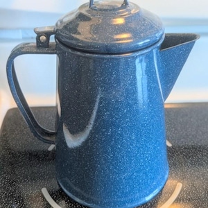 Vintage Blue Enamel Camping Coffee Pot - Enamelware Splatter Stovetop Kettle