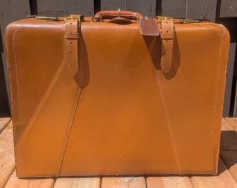 Vintage Brown Leather Suitcase with Key - 1920's antique decor or luggage