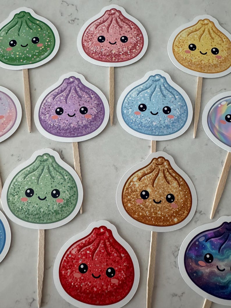 May include: A collection of cupcake toppers featuring various dumpling-shaped characters with glittery textures in green, pink, yellow, purple, blue, brown, and red. Each dumpling has a smiling face with black eyes and pink cheeks on a wooden stick.