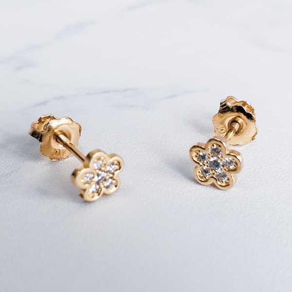 10kt solid yellow gold flower shaped baby c.z studs earrings screw back - 10 karat yellow gold studs earrings for babies kids and women