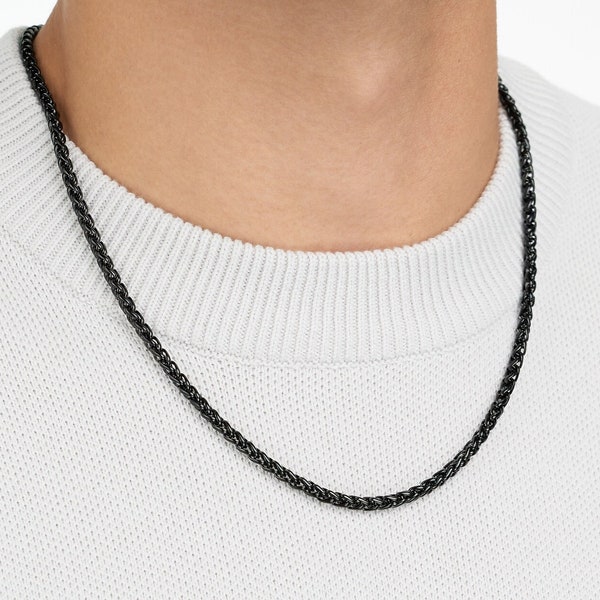 4mm Round Franco Black Wheat Chain Stainless Steel Necklace for Men - Gift for Men