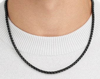 4mm Black Round Box Link Stainless Steel Necklace Chain for Men or Women - Unisex Round Box Chain