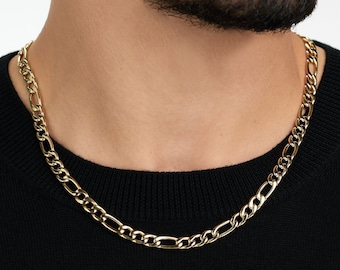 7mm Figaro Link Stainless Steel Gold Plated Necklace Chain for Men or Women - Unisex Figaro Chain