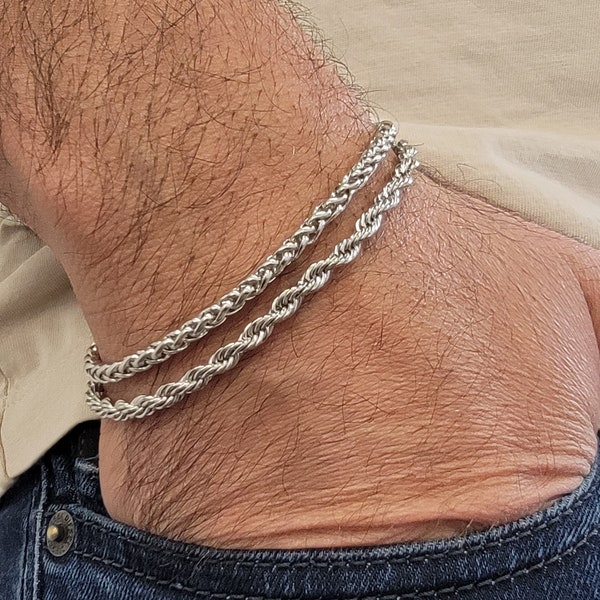 Combo 2 bracelets: corde torsadée de 4mm + bracelets empilables en acier inoxydable à chaîne de blé de 4mm pour hommes (TSB417W + TSB421W)