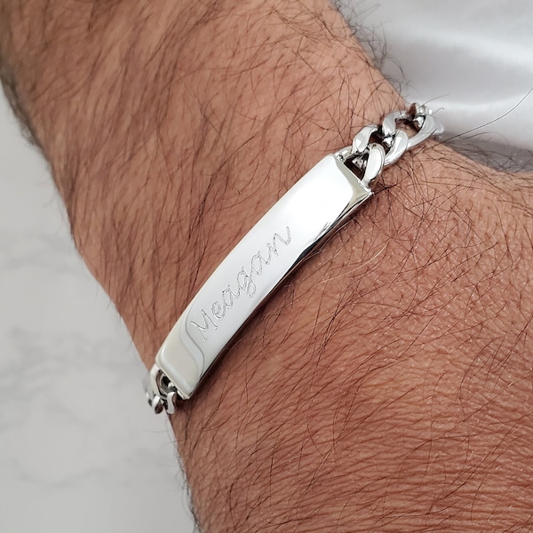 Personalized stainless steel 316L Steel ID bracelet for men. Engravable name tag figaro link Bracelet. Gift for men handwriting (#TSB387W)