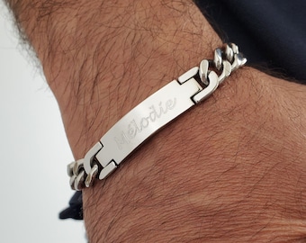 Personalized stainless steel 316L ID bracelet for men. Engravable name tag cuban link Bracelet Unique gift for men, handwriting (#TSSB346W)