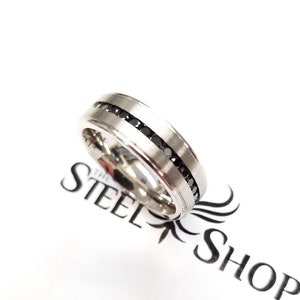 Personalized Stainless steel mens wedding Band 7mm, stainless steel Wedding Ring, Wedding Band, Black stone wedding ring for men (#TSSR29W)