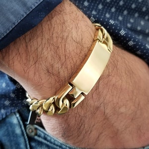 Personalized stainless steel Gold Plated Large Bulky ID bracelet for men. Engravable name tag 14mm cuban link Bracelet Unique gift for men