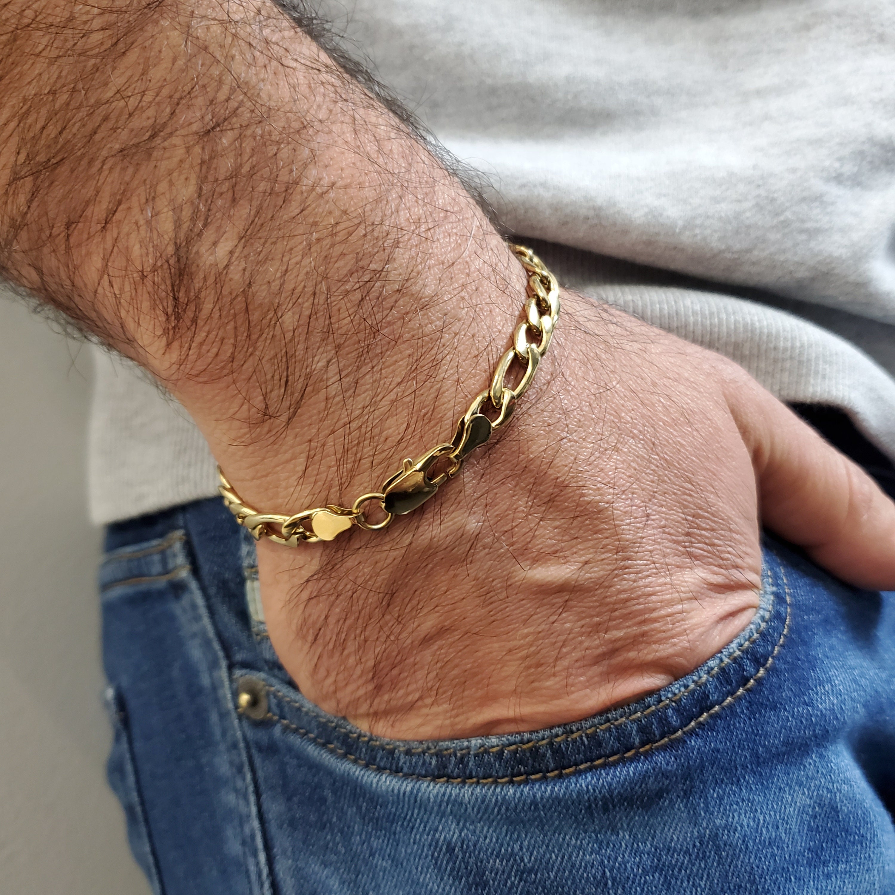 7mm Figaro Link Gold Plated Stainless Steel Bracelet for Men