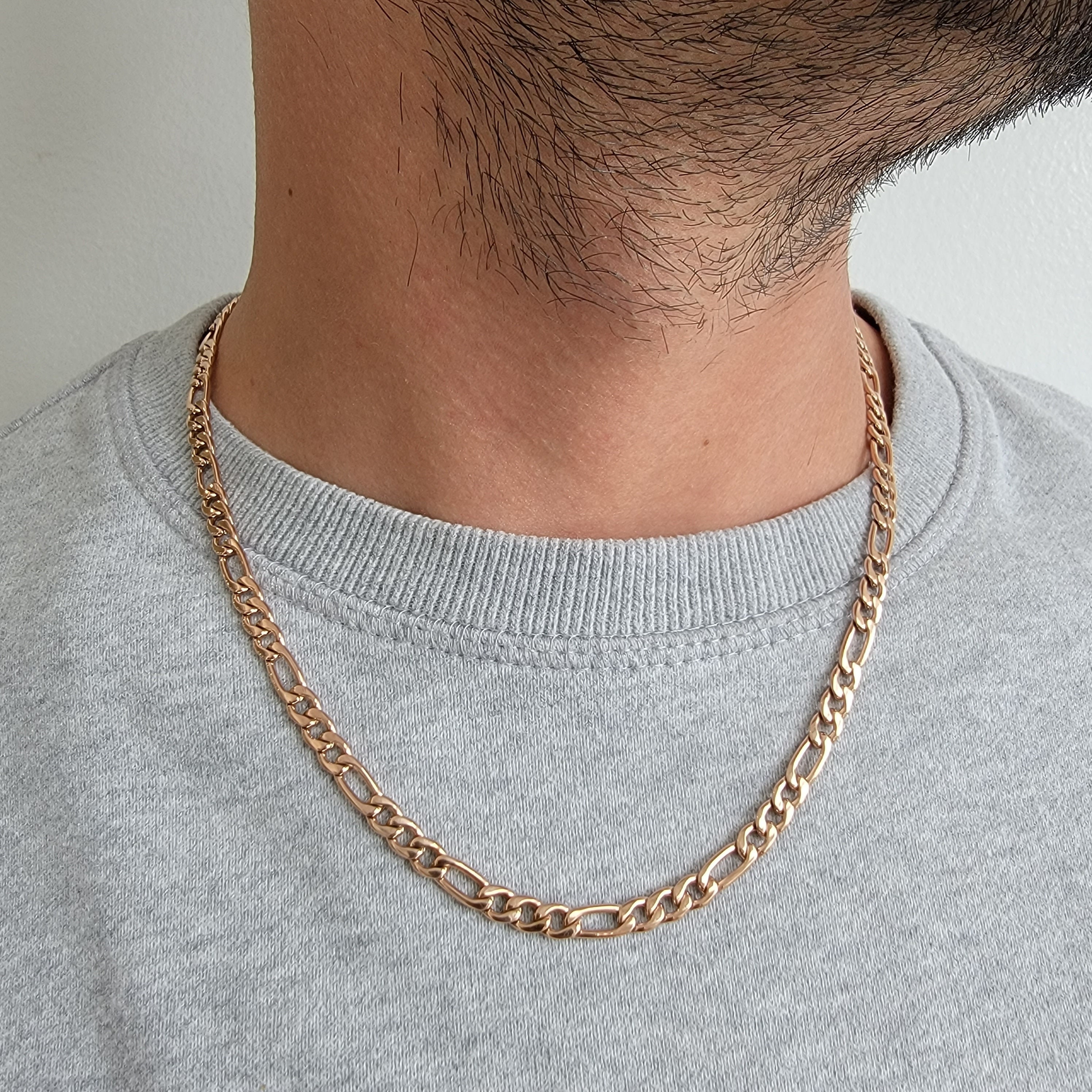 Gold Plated Figaro Chain Necklace 24 Inch Stainless Steel Links