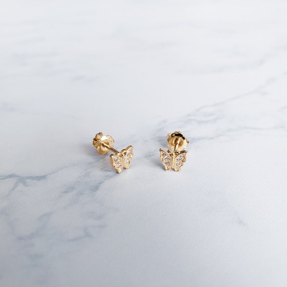 10kt Solid Yellow Gold Butterfly Shaped Baby C.z Studs Earrings