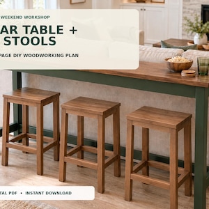 May include: A bar table and three stools with a 20-page DIY woodworking plan. The table features a dark wood top and a dark green frame. The three matching stools have dark wood seats and frames. The text reads THE WEEKEND WORKSHOP BAR TABLE + 3 STOOLS.