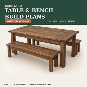 Op de afbeelding: Een digitaal document getiteld BARNYARD TABLE & BENCH BUILD PLANS, met 14 pagina's aan instructies voor een rechthoekige donkerbruine houten tafel en twee bijpassende banken. De tekst bevat INSTANT PDF DOWNLOAD, TABLE + 2 BENCHES, CUT LIST, MATERIALS en STEP-BY-STEP PHOTOS.
