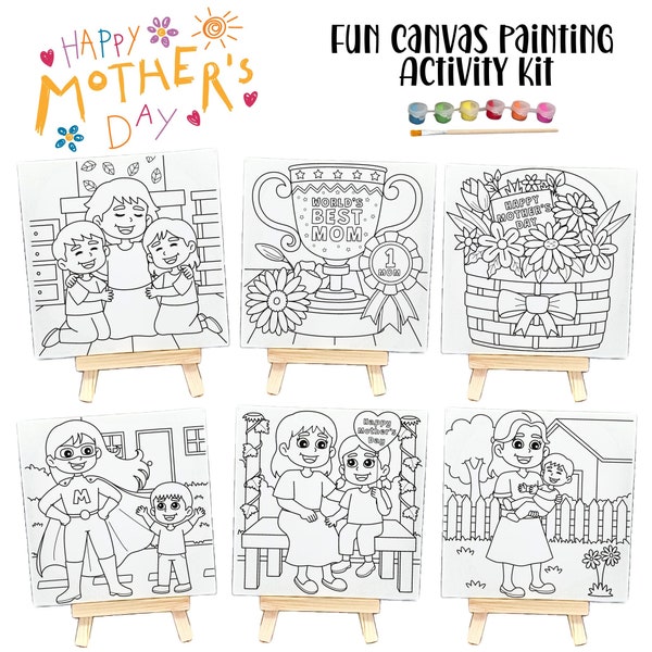 Mother’s Day Canvas Activity Kit |Pre-Drawn Canvas with paint, brush & easel|Art Party Canvas|Gift for Kids, gift for mom,classroom activity