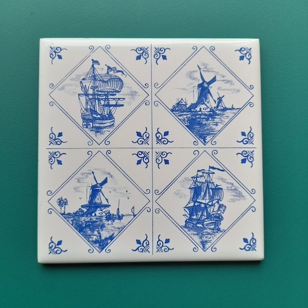 Blue sailboats and windmills ceramic tile
