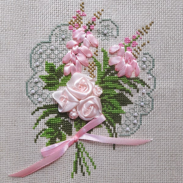 Pink roses ribbon embroidery Handmade Unmounted, unframed
