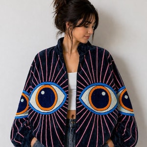 Samt Augen Jacke - Himmlischer gestickter Kimono - Moos Boho Statement Mantel - Psychedelisch