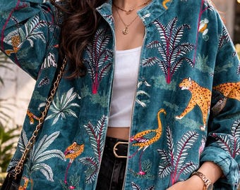 Teal Blue Jungle Print Velvet Jacket , Bohemian Velvet Coat , Handmade Block Printed Velvet Coat , Bridesmaid Robe , Hippie Jacket