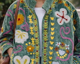 Suzani Embroidered Green Velvet Jacket Handcrafted Floral Design