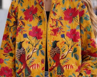Yellow Bird Handblock Print Velvet Jacket, Boho Floral Women's Robe Coat