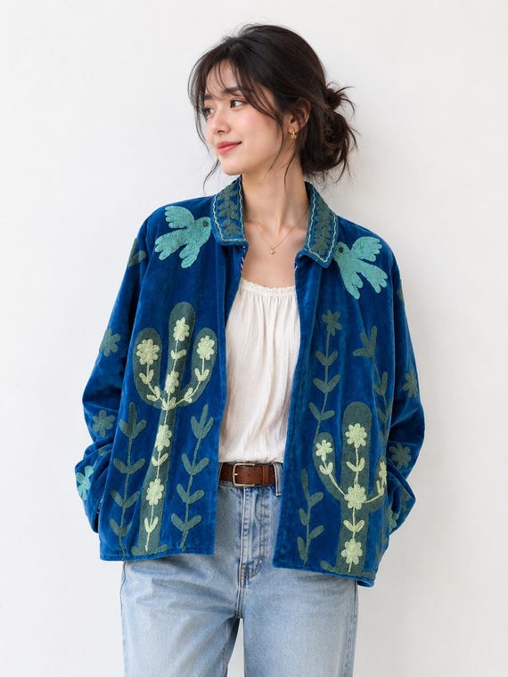 Blue Velvet Embroidered Jacket Handmade Boho Statement Coat ,Velvet Suzani Jacket, Handmade Embroidered Boho Coat