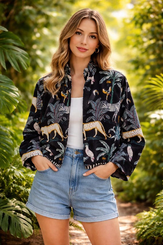 Black Jungle Print Velvet Jacket, Bohemian Statement Coat, Handmade Block Printed Style Jacket