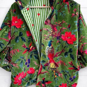 Handblock Printed Green Velvet Floral Jacket, Boho Coat , Women's New Style Jacket image 4