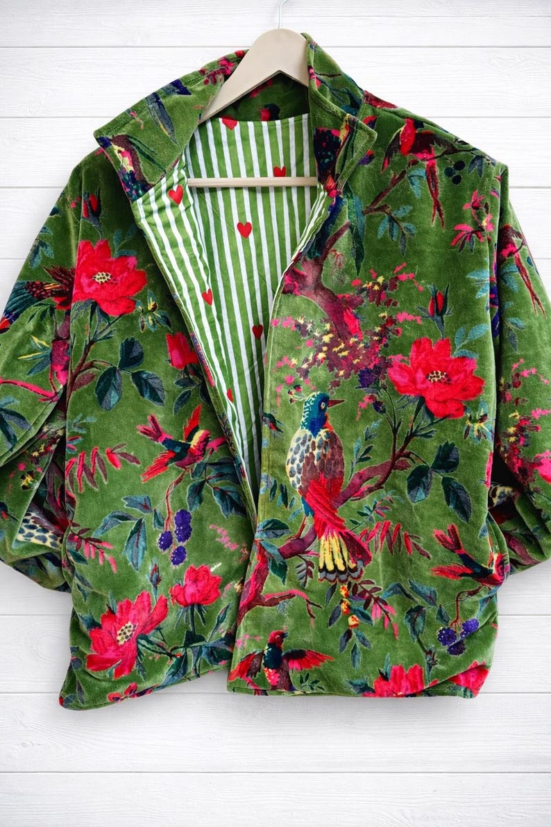 Handblock Printed Green Velvet Floral Jacket, Boho Coat , Women's New Style Jacket image 4