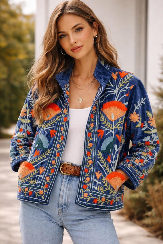 Blue Velvet Suzani Embroidered Jacket Handcrafted Floral Design