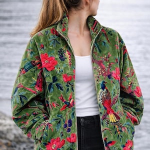 Handblock Printed Green Velvet Floral Jacket,  Boho Coat , Women's New Style Jacket