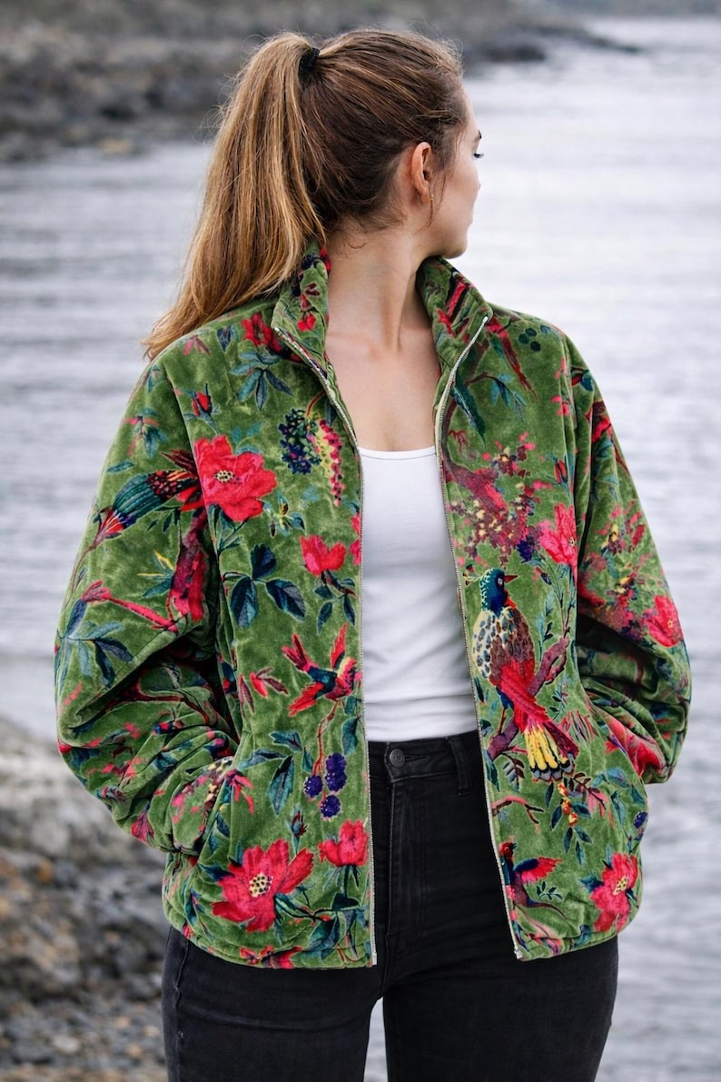 Handblock Printed Green Velvet Floral Jacket, Boho Coat , Women's New Style Jacket image 1